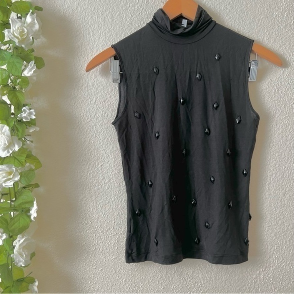 Gianfranco Ferre Mock Neck Black Sleeveless Beaded Top